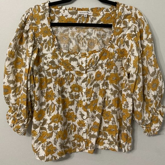 Cupcakes and Cashmere Shirt Size Medium Mustard Green Boho Natural Cropped - Picture 1 of 7